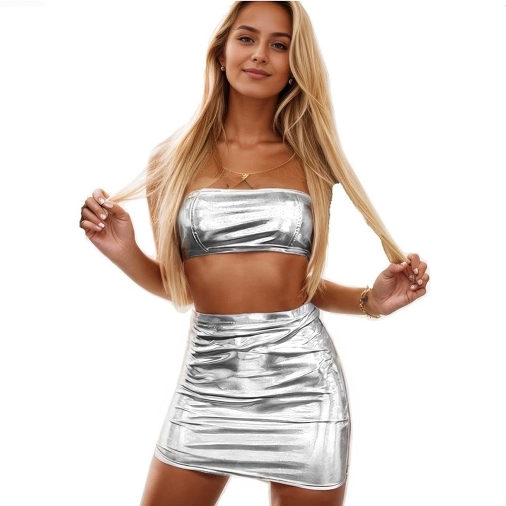 Iridescent Women's Metallic Shiny Off Shoulder Crop Top + Silver Skirt Rave